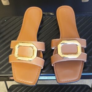 Ann Taylor Tan and Gold Sandals with Buckle